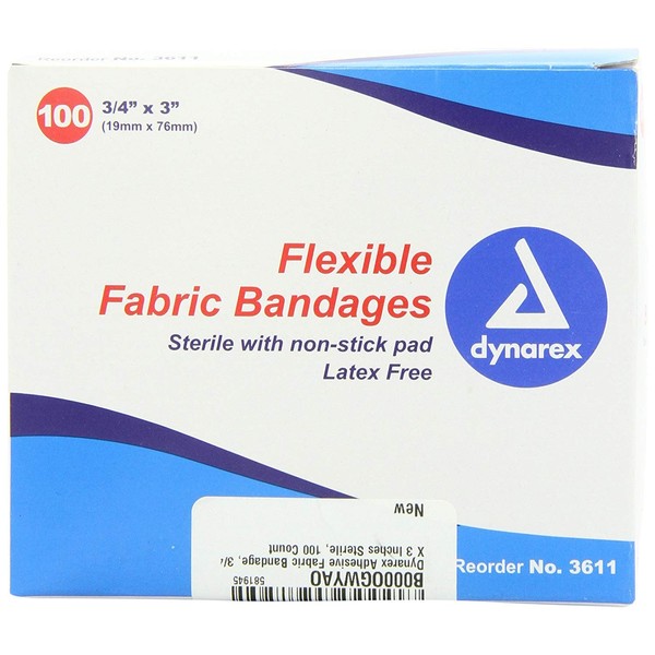 Dynarex Fabric Adhesive Bandages - Sterile & Flexible Fabric Bandages for Wounds - Non-Stick Pads - Individually-Wrapped First Aid Supplies - No Latex - 3/4x3", 1 Box of 100