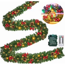 Remote Control 18 FT Extra Long Prelit Christmas Garland with 480Thick Branch Tips Pinecones & Red Berries, 100 Warm White & Multicolor LED Lights 8 Modes Timer for Stairs Mantel Doorway Decor
