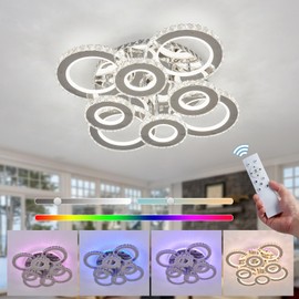 YYJLX Modern Led Ceiling Light with Remote Control 9 Rings Crystal Flush Mount Ceiling Light Fixtures 3 Color Dimmable and RGB Ceiling Lamp for Living Room Kitchen Dining Room Bedroom.