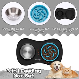 MateeyLife Dog Food Bowl Set 3 in 1, Dog Bowls Slow Feeder & Water Stainless Steel Bowl with Non-Spill Silicone Mat, Slow Feeder Bowls for Small, Medium, Large Breeds, Cat Feeding Dish to Anti-Choking