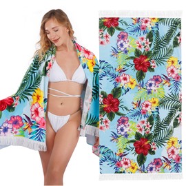 LINENOVA 100% Cotton Beach Towel -86x163cm Sand Free Beach Blanket Soft and Absorbent Towels for Swimming, Sports, Beach, Gym, Travel (Hibiscus Blue)