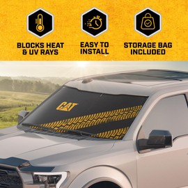 CAT Parasol Plegable para Parabrisas de Coche/camión, Reflector UV, Color Negro con rieles Amarillos, tamaño Jumbo de 64 x 32 Pulgadas