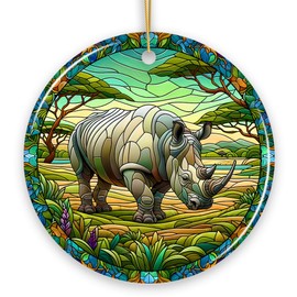 Rhinoceros Realm Expedition Stained Glass Style Ceramic Ornament, African Animals and Decor