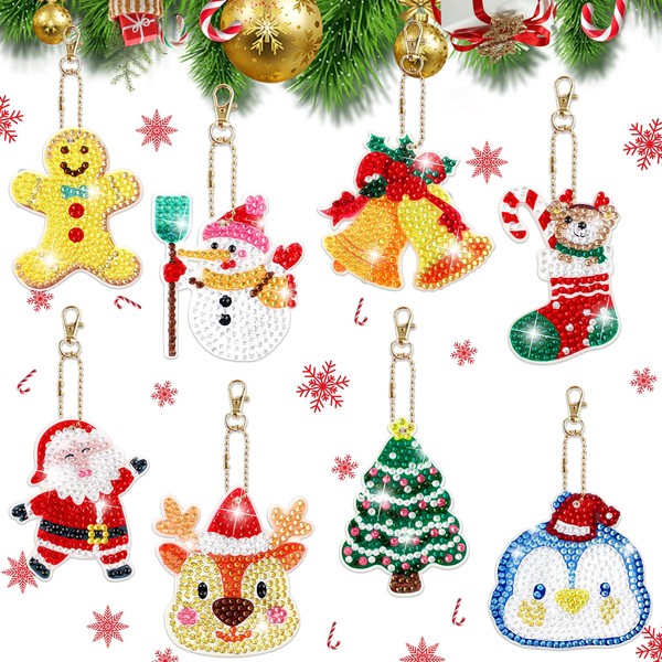 TamBee Christmas Diamond Art Painting Keychains 8pcs, 5D DIY Christmas Diamond Art Painting Keyrings Kits for Kids Girls Adults, Xmas Key Pendant Rings Arts Craft Kits