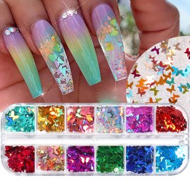 Butterfly Glitter Nail Art Sequins, 3D Fluorescent Glitters Butterflies Flakes, Holographic Neon Laser Shiny Butterfly Nail Supplies for Women Girls Manicure Charms Decorations DIY Resin Nail Art Tips