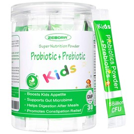 ZEBORA Kids Probiotic & Prebiotics Powder Age 3+ Support Children's Digestive & Immune System with Natural Source, Promotes Constipation Relief, Non-GMO, Gluten-Free, 30 Packets with 5 Billion CFUs