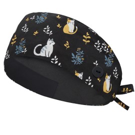 IRIS CRAFT Adjustable Working Cap with Button, Satin-Lined Cotton Working Hat Sweatband, Double Layer Elastic Bandage Tie Back Hats for Women & Men, One Size, Satin-Lined Kitty Black