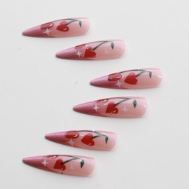 IMRAIN Cherry Press on Nails Long Stiletto Fake Nails Pink French Tips False Nails with Glitter Designs Full Cover Cute Glossy Glue on Nails Acrylic Artificial Nail Supplies 24Pcs
