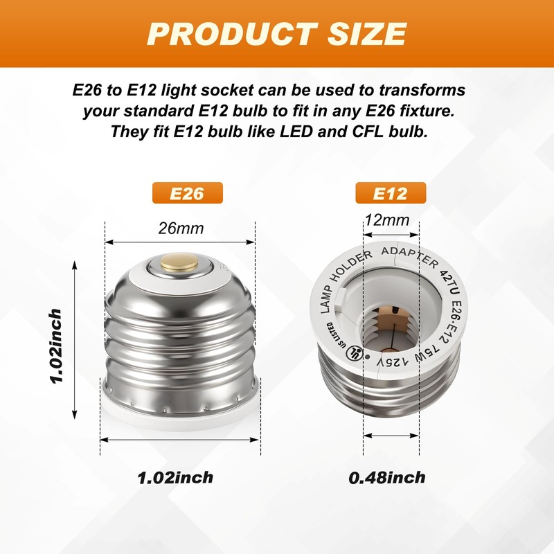 Glooglitter 10 Pcs UL-Listed E26 to E12 Socket Adapter Medium