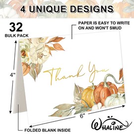 Whaline 32 Packs Fall Pumpkin Gold Foil Thank You Cards Autumn Watercolor Greeting Cards Blank Note Cards with Envelopes and Stickers for Thanksgiving Birthday Baby Shower Party, 4 x 6 Inch
