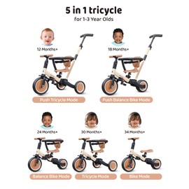 newyoo TR008 5 in 1 Toddler Tricycle with Push Handle for 1-3 Year Old Boys and Girls, Kids Push Trike with Safe Bar, Toddler Bike, Convert to Balance Bike, Birthday Gifts and Toys for Baby, Cream