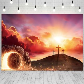 Resurrection Backdrop for Church 7x5ft Fabric Easter Religious Theme Empty Tomb Scene Photo Background for Photography Easter Sunday Party Decorations Large Banner