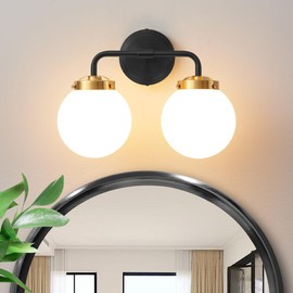 Deyidn Black Gold Bathroom Light Fixtures Over Mirror, Modern Vanity Lighting with Milk White Glass Globe Shades 2-Light Farmhouse Wall Sconce