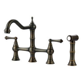 Bridge Kitchen Faucet with Side Sprayer, WOWOW Solid Brass Kitchen Faucet for Sink 4 Hole Antique Bronze Kitchen Sink Faucet, Two Handle 8 Inch Centerset Bridge Faucet Victorian Style