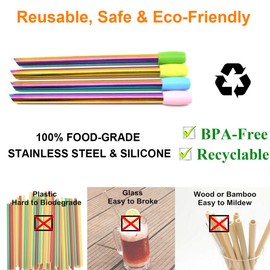 Reusable Boba Smoothie Straw Rainbow Metal Straws Wide Thick Fat Angled Tip Sharp End Straw for Milkshake Jumbo Bubble Tea Straws With Carry Case Bag Silicone Tips Brush 12mm 0.5in 4 Pack