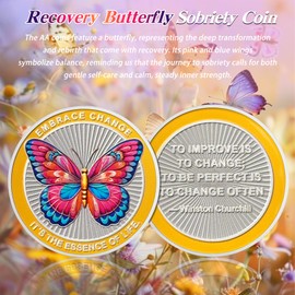 Pink Recovery Butterfly Sobriety Coin - Addicts Embrace Change AA Coins - Affirmation NA AA Chips and Medallions - Celebrate Living Clean Token Narcotics Alcoholics Anonymous Gifts for Men Women