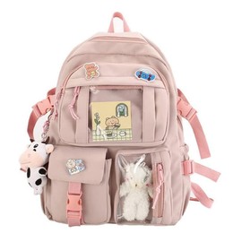 Yoaujeo Kawaii Backpack Lovely Pastel Rucksack for Teen Girls, Cute Aesthetic Bookbag for School with Kawaii Pin and Accessories (Pink)