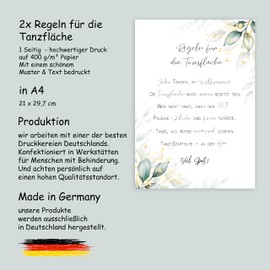 2 x Dance Floor Rules for the Dance Floor A4 Stable Poster 400 g/m² Dance Floor Rules Sign Celebration Birthday Wedding Party Fun Decoration Wedding Decoration Green White Gold Leaves Vintage 30 40 50