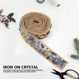 1M Ribbon Roll Crystal Beaded Rhinestone Crystals Trim Iron on Patch for Clothes Bag Shoes Wedding Party Decoration (Blue Gold Rice Beads Gold Chain)