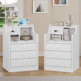 Tiptiper Nightstand Set 2, White Night Stands with Hutch and Charging Station, Nightstand with 3 Drawers for Bedrooms Set of 2, Modern Bedside Table End Side Table