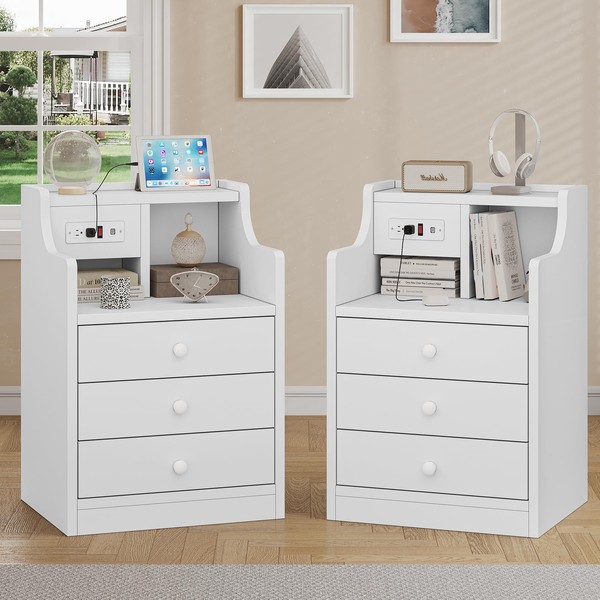 Tiptiper Nightstand Set 2, White Night Stands with Hutch and