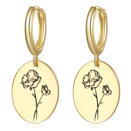 Birth Flower Earrings for Women Gold Engraved Birth Month Flower Huggie Hoop Earrings Oval Floral Pendant Dangle Earrings Statement Birthday Gift for Her (August)