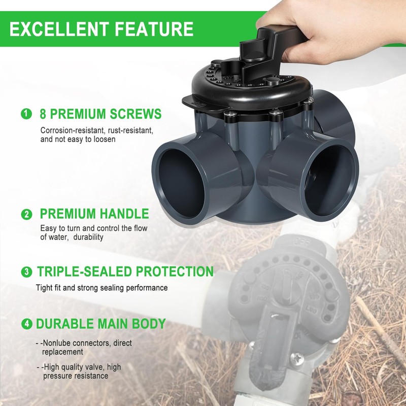 Ussuray 3 Way Pool Valve 2 Inch, Positive Non-Lube Diverter