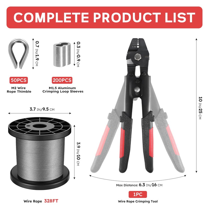 KALLSDY Wire Rope Crimping Tool Kit, 328FT Stainless Steel Cable