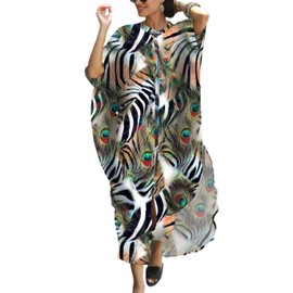 Eddoyee Womens Peacock Feather Print Long Caftan Dresses Button Up Plus Size Beach Swimwear Coverup