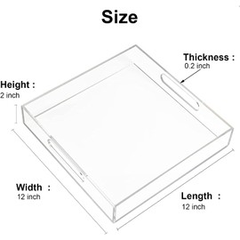 MissionMatch Waterproof Acrylic Vanity Tray, Ottoman Tray with Handles, Sturdy Valet Tray Organizer, Lucite Nightstand Dresser or Bathroom Organizer, Acrylic Serving Tray (Clear Tray-12''x12'')