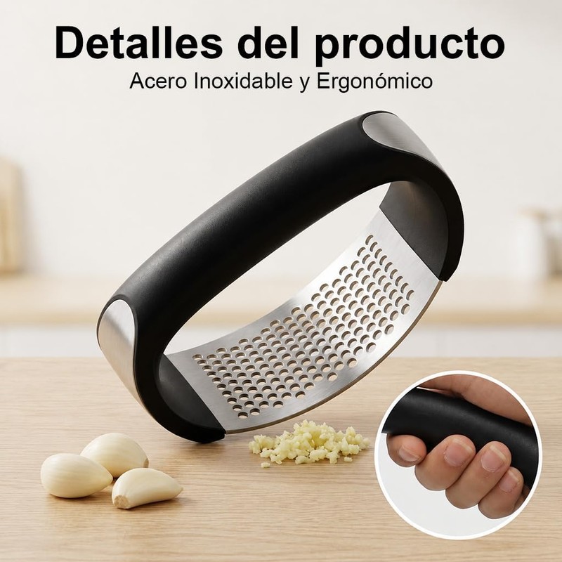 Prensador de Ajos de Acero Inoxidable con Mango Cómodo