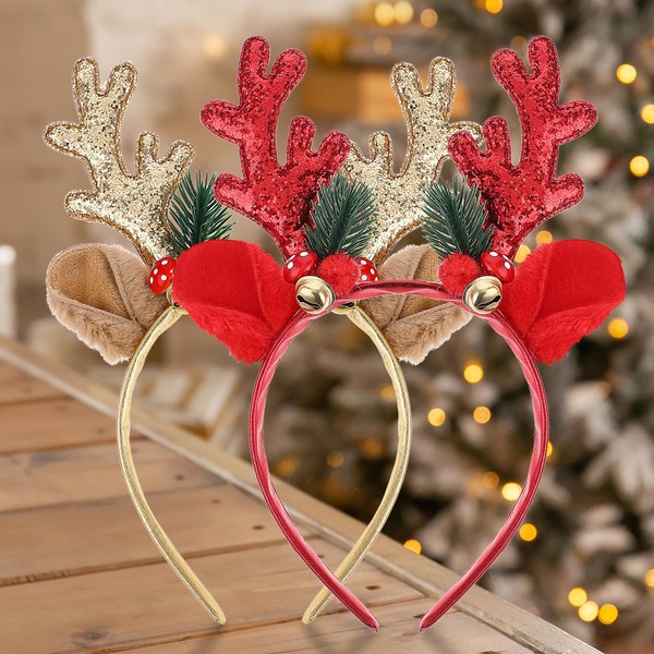 Thinp 2 Pieces Christmas Headbands for Women, Glitter Christmas Headband Antler Headband with Bell Christmas Hats Holiday Decorations for Christmas Party Xmas Dinner and Photos Booth (Gold, Red)