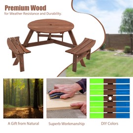 HomVent Wooden Picnic Table and Bench Set, 6-Person Circular Outdoor Table w/ 3 Built-in Benches & Umbrella Hole for Garden, Backyard, Porch (3 Bench, Brown)
