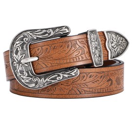 VONMELLI Western Belt Women's Cowboy Cowgirl Leather Belt for Jeans with Floral Vintage Carving Design, brown