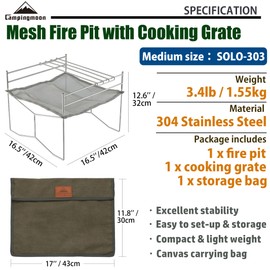 CAMPINGMOON Portable Mesh Fire Pit with Cooking Grate (L 16.5'' x W 16.5'' x H 12.6''), Carry Bag SOLO-303