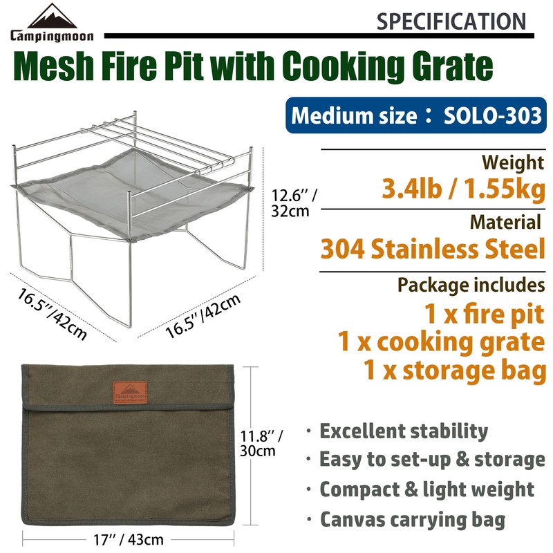 CAMPINGMOON Portable Mesh Fire Pit with Cooking Grate (L 16.5''
