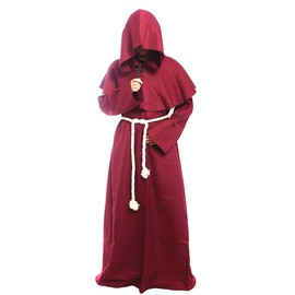 Cos2be Medieval Priest Monk Robe Hooded Cloak Wizard Sorcerer Cape (XX-Lare,Wine Robe)