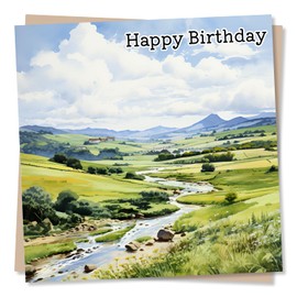 Countryside Hills and River Scene - Happy Birthday Card - Made in UK