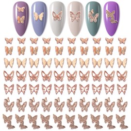 SILPECWEE Butterfly Nail Charms 3d Nail Art Charms Butterfly for Nails Design Charms for Nails Alloy Nail Jewelry Nail Decoration for Nail Art Accessories(Rose Gold/70pcs)