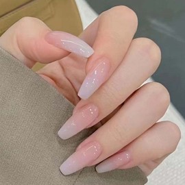 ANDGING Ombre Press on Coffin Fake Nails for Women with Milky White Pink Design - fake on Acrylic False Square Full Cover Gel Stick on Nails for Wedding Birthday 24Pcs