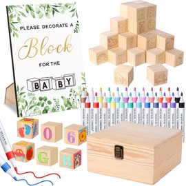 Pydeeirom Baby Shower Blocks Game Set with Wooden Box, Acrylic Markers & Wooden Sign for Baby Shower Games, Gender Reveal & Decorations (GreenLeaves)
