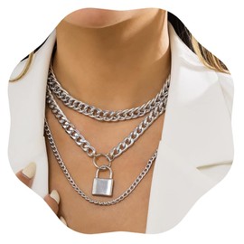 Jumwrit Chunky Chain Necklace Punk Layered Choker Necklaces Cuban Link Chain Necklace with Lock Pendant Necklace Statement Necklace for Women and Girls（Silver）