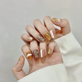 NLSJMP 3D handmade Gel nails press on false nails short square Autumn-Winter new caramel blend cute acrylic Reusable fake nails designed kit,10 Nails Size S #2003