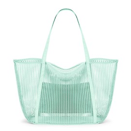 KALIDI FANCY FOREST Foldable Mesh Beach Bag with Zip, 27L Large Mesh Tote Bags for Women Ladies Summer Beach Tote Bag for Holiday Travel,Mint Green