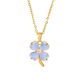 Dainty Clover Flower Pendant Necklace for Women Surgical Stainless Steel Gold Plated Cats Eye Shamrock Leaf Link Chain Necklace Adjustable Lucky St.Patrick's Day Birthday Jewelry Gift 18 Inch (Moonstone)