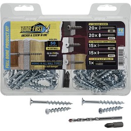 Borefast Drywall Anchors, Self Drilling Wall Anchor Kit, Steel, 50-250 LBS, 72 Pieces, 377638