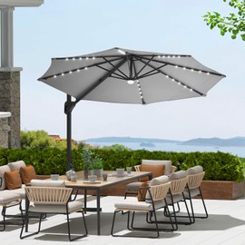 HarmoHaby 10FT Patio Umbrella Cantilever Offset with LED Lights, 360-Degree Rotation Windproof Sun Shade Yard Umbrella Base Included for Outdoor Garden, Deck, Pool, Grey