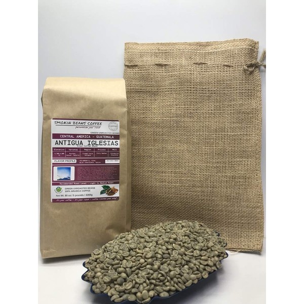 5 Pounds – Central American – Guatemala Antigua - Unroasted Arabica Green Coffee Beans – Grown Antigua Region – Altitude 4700-4900 Feet – Drying/Milling Process Is Fully Washed - Includes Burlap Bag