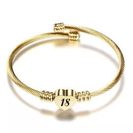 KunBead 18th Birthday Love Heart Gold Tone Expandable Bracelets for Women Lucky Number Age Bangle Cuff Stainless Steel Bracelet