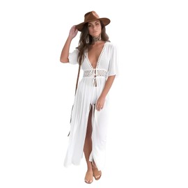 Noguez. Pareo de Playa para Mujer, Vestido de Playa para Mujer, Cubre Bikini, Vestido Largo para Traje de Baño, Cover Up. (MX/US, Alfa, X-Grande, Regular, Regular, Blanco)